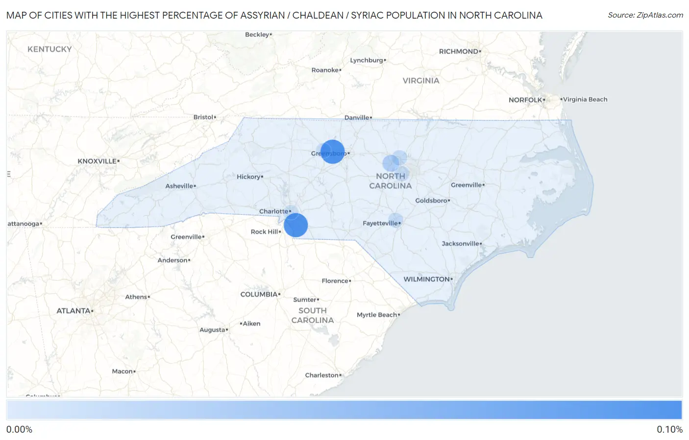 Cities with the Highest Percentage of Assyrian / Chaldean / Syriac Population in North Carolina Map