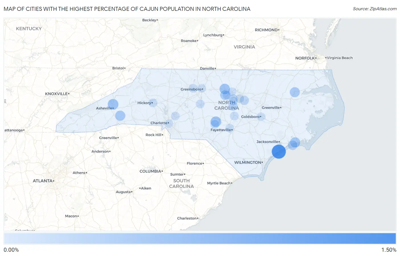 Cities with the Highest Percentage of Cajun Population in North Carolina Map