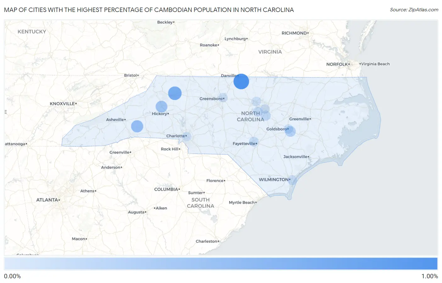 Cities with the Highest Percentage of Cambodian Population in North Carolina Map