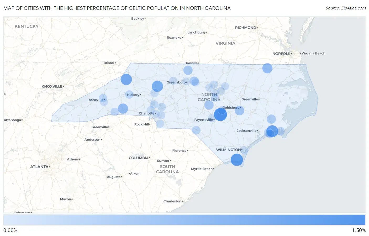 Cities with the Highest Percentage of Celtic Population in North Carolina Map