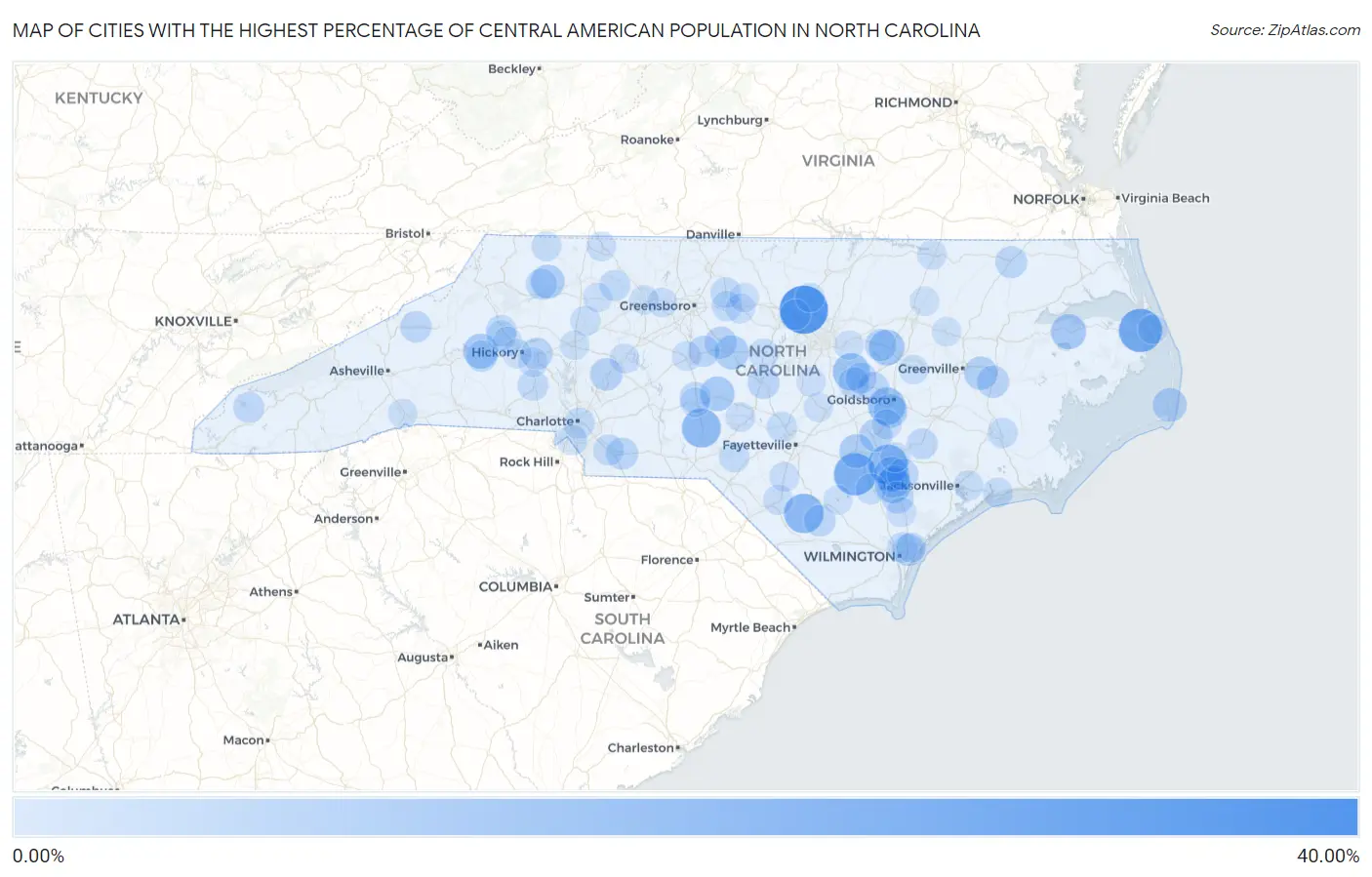 Cities with the Highest Percentage of Central American Population in North Carolina Map