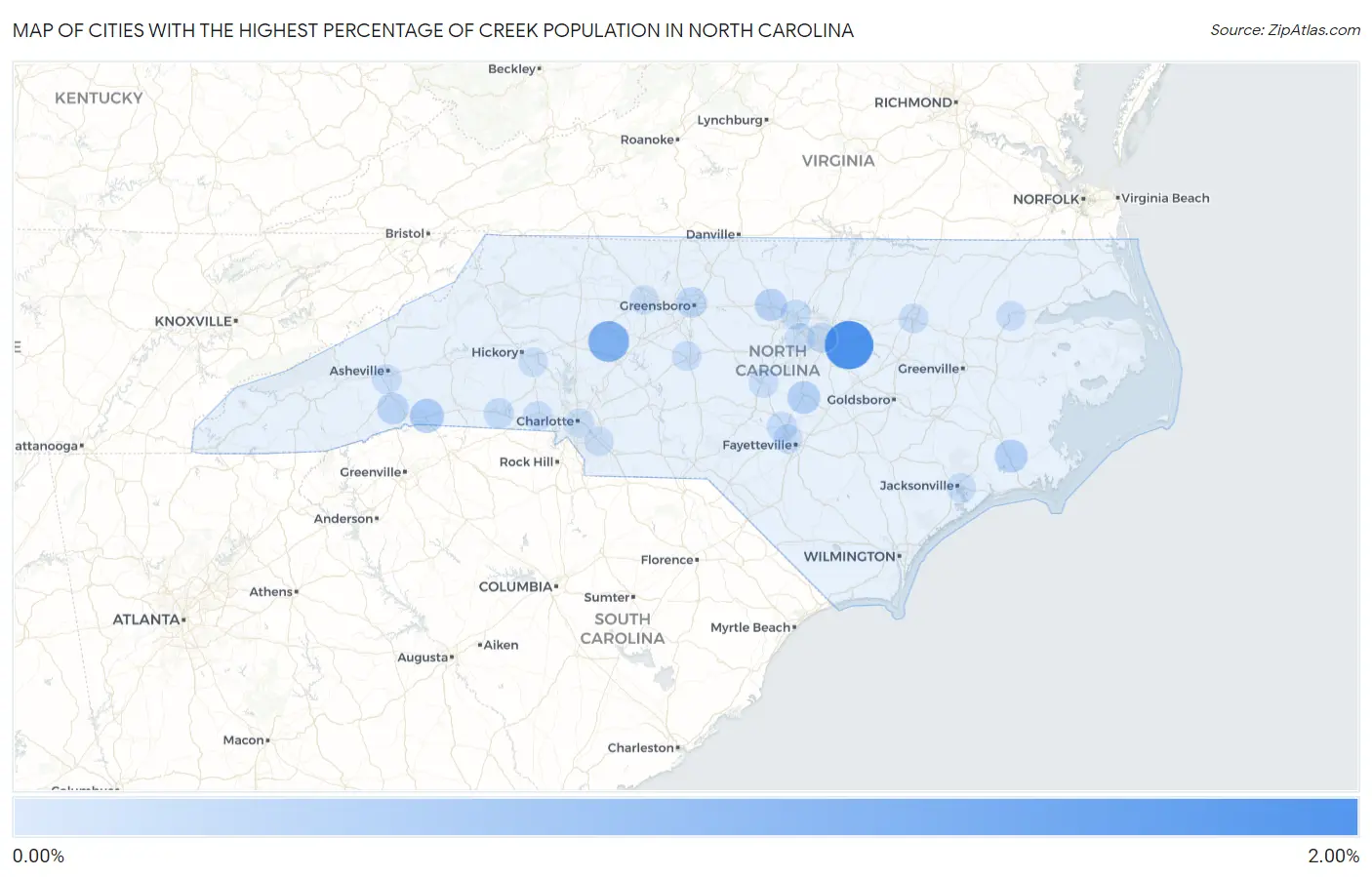 Cities with the Highest Percentage of Creek Population in North Carolina Map