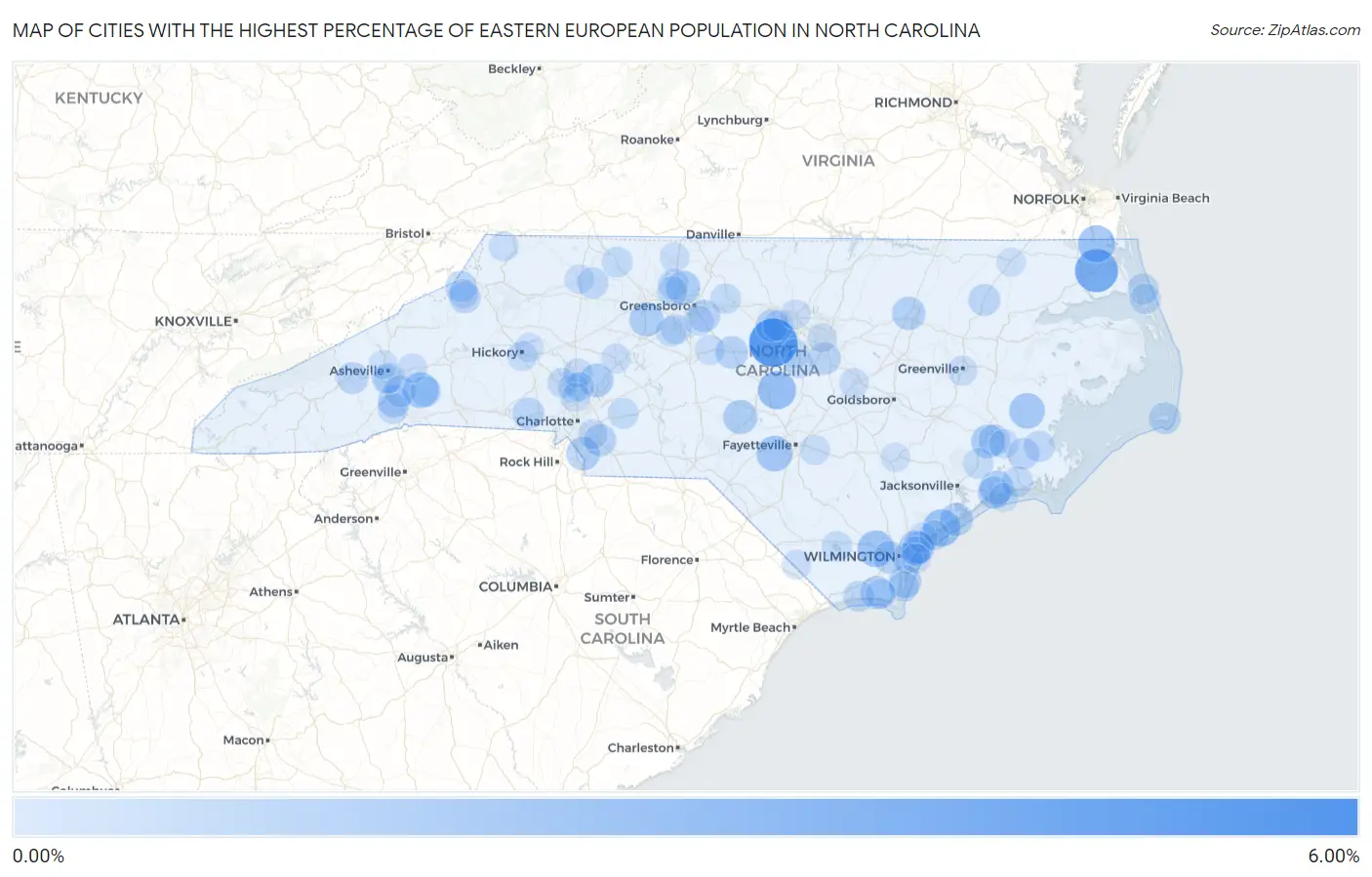 Cities with the Highest Percentage of Eastern European Population in North Carolina Map