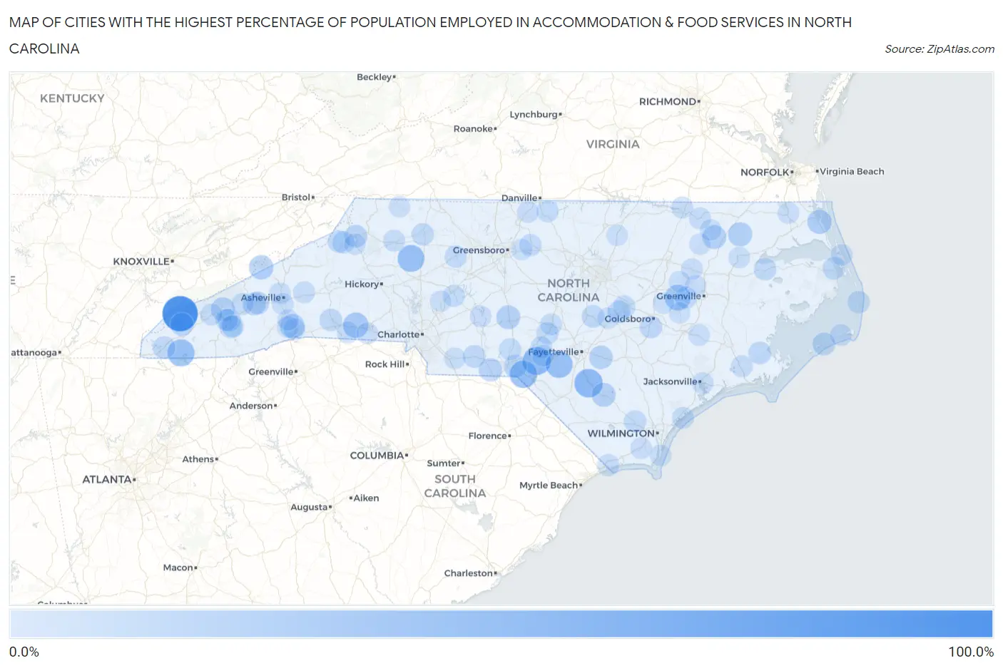 Cities with the Highest Percentage of Population Employed in Accommodation & Food Services in North Carolina Map