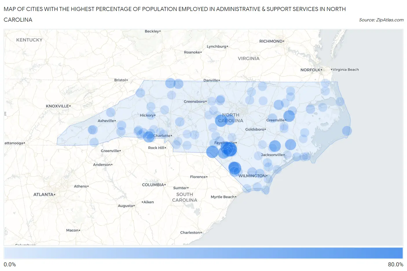 Cities with the Highest Percentage of Population Employed in Administrative & Support Services in North Carolina Map