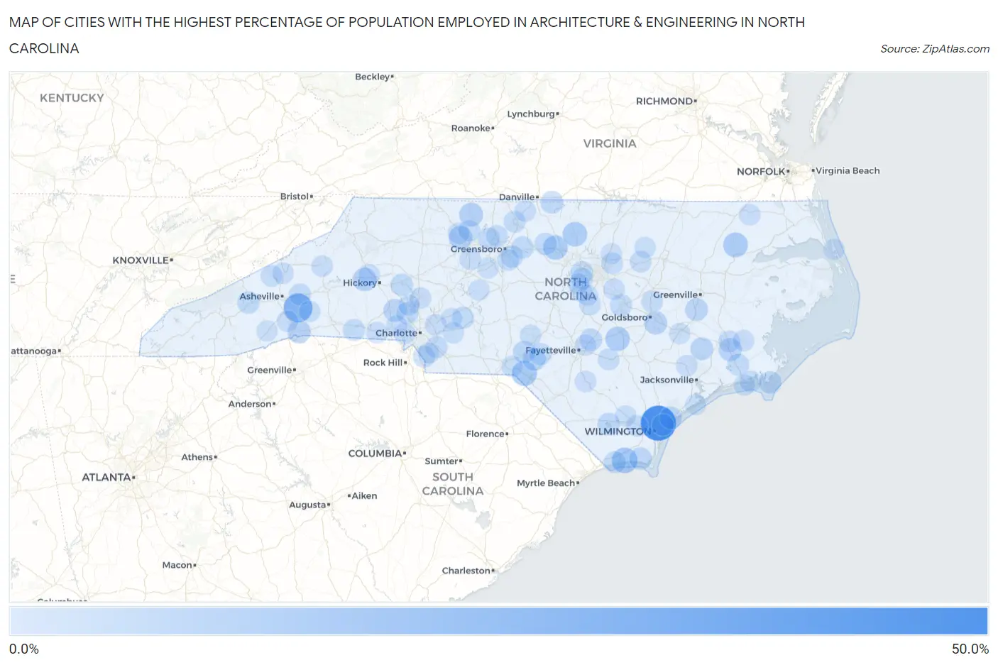 Cities with the Highest Percentage of Population Employed in Architecture & Engineering in North Carolina Map