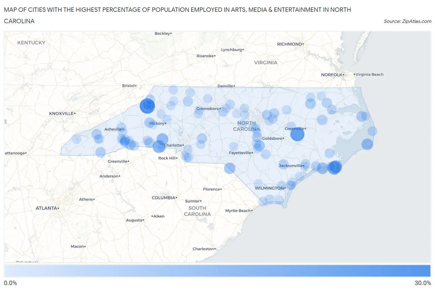 Cities with the Highest Percentage of Population Employed in Arts, Media & Entertainment in North Carolina Map
