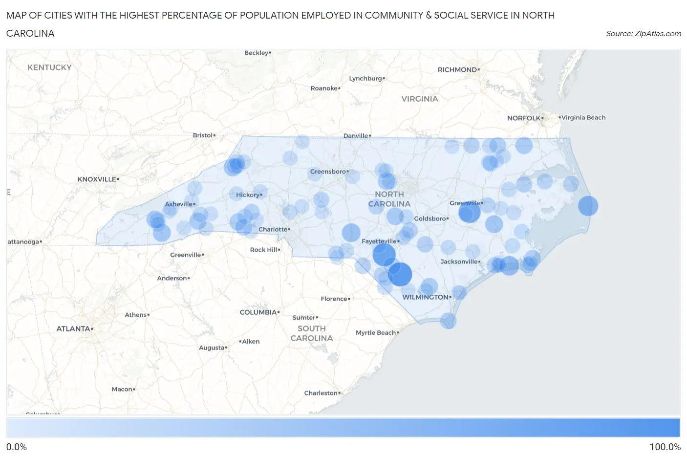Cities with the Highest Percentage of Population Employed in Community & Social Service  in North Carolina Map