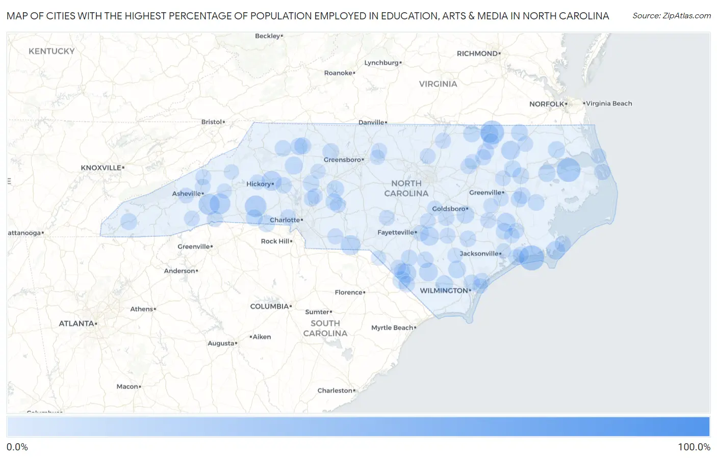 Cities with the Highest Percentage of Population Employed in Education, Arts & Media in North Carolina Map