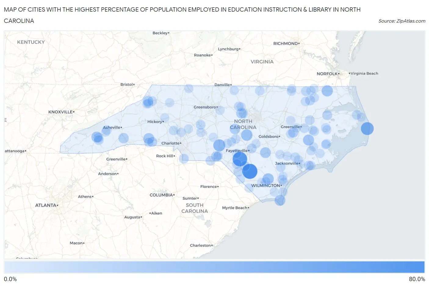 Cities with the Highest Percentage of Population Employed in Education Instruction & Library in North Carolina Map