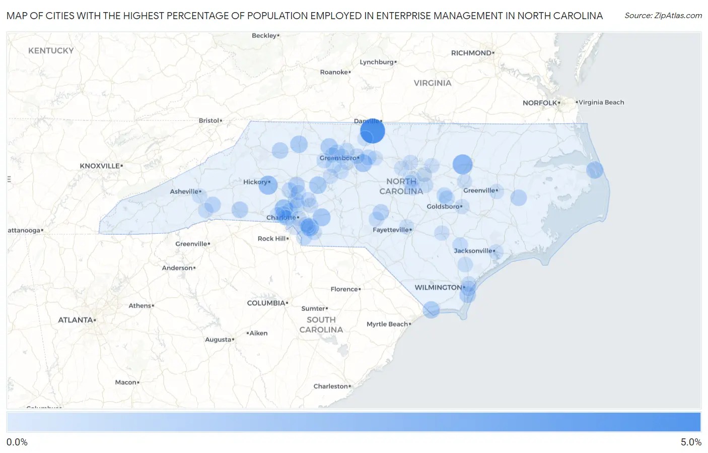 Cities with the Highest Percentage of Population Employed in Enterprise Management in North Carolina Map