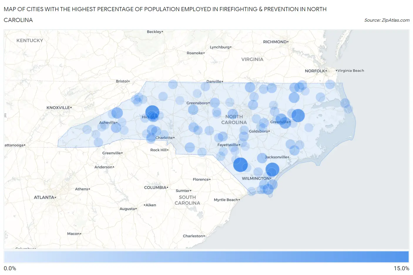 Cities with the Highest Percentage of Population Employed in Firefighting & Prevention in North Carolina Map