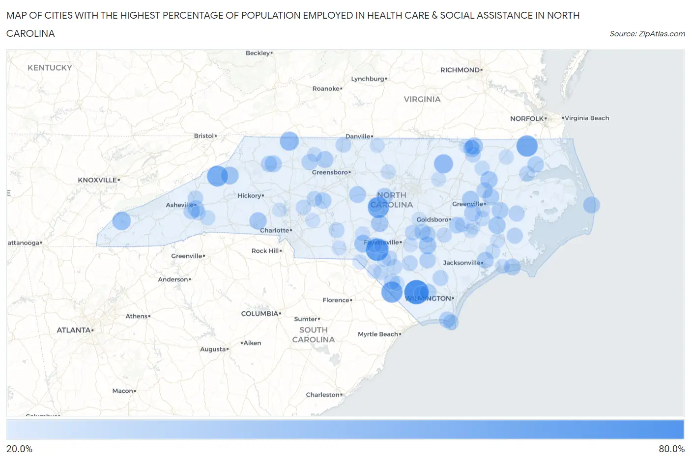 Cities with the Highest Percentage of Population Employed in Health Care & Social Assistance in North Carolina Map
