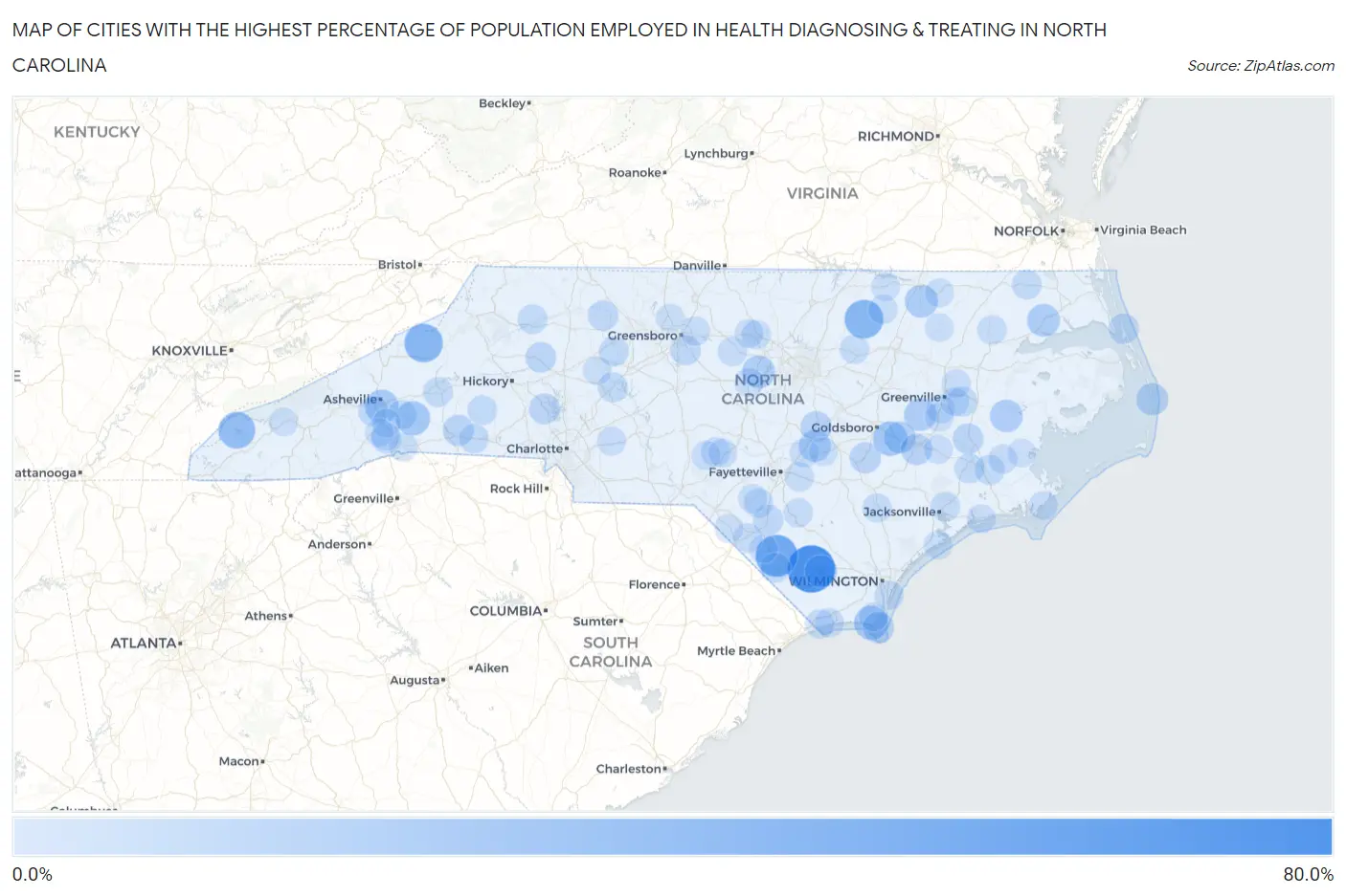 Cities with the Highest Percentage of Population Employed in Health Diagnosing & Treating in North Carolina Map