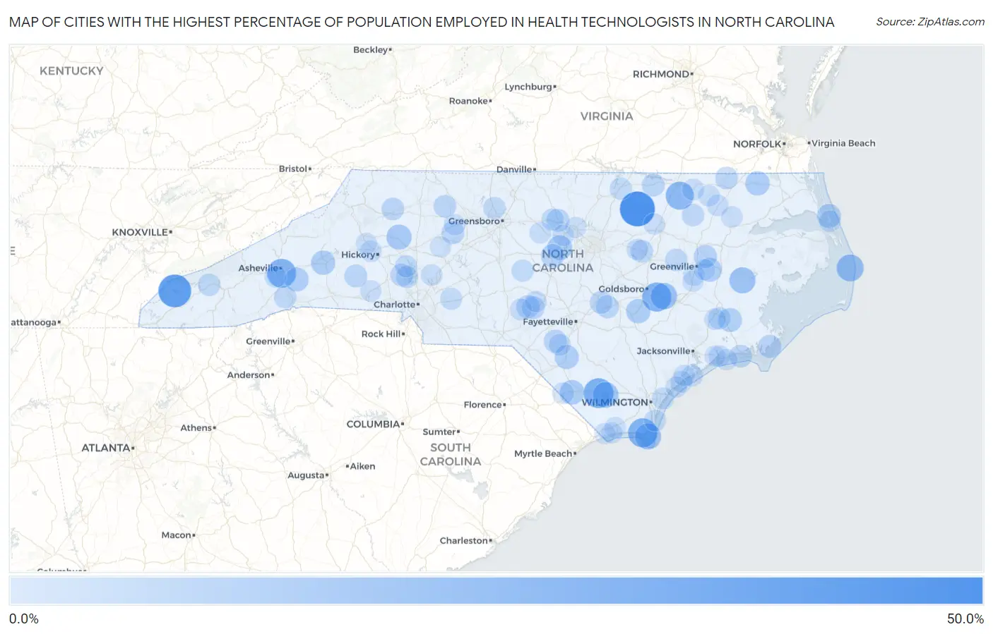 Cities with the Highest Percentage of Population Employed in Health Technologists in North Carolina Map