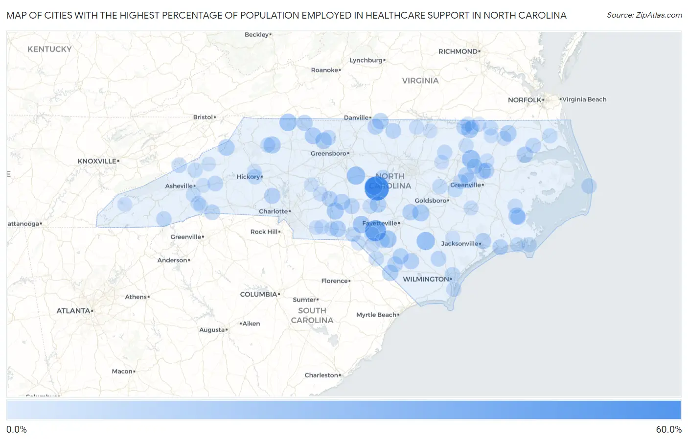 Cities with the Highest Percentage of Population Employed in Healthcare Support in North Carolina Map
