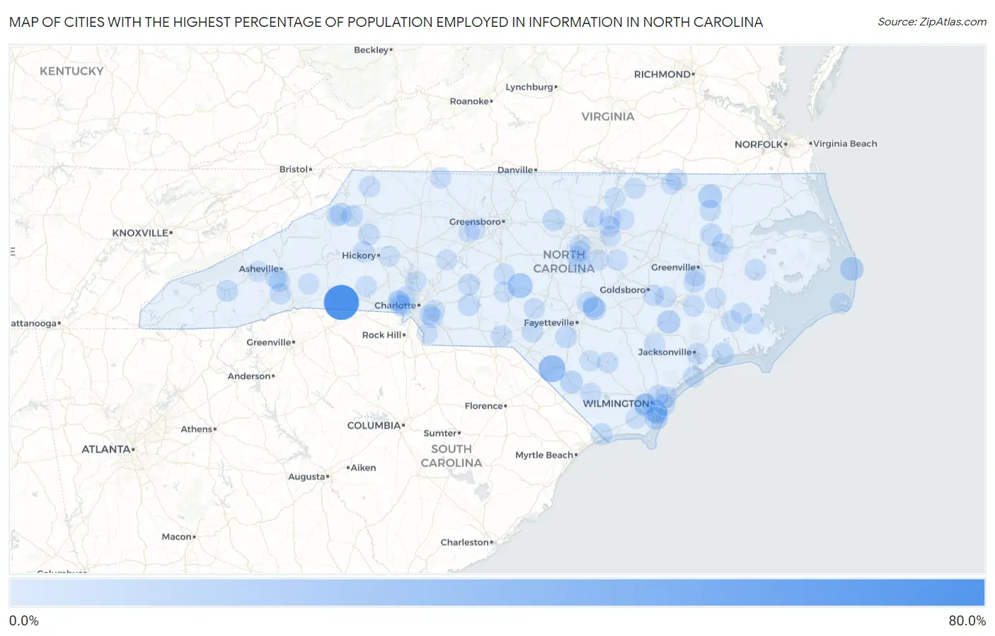 Cities with the Highest Percentage of Population Employed in Information in North Carolina Map