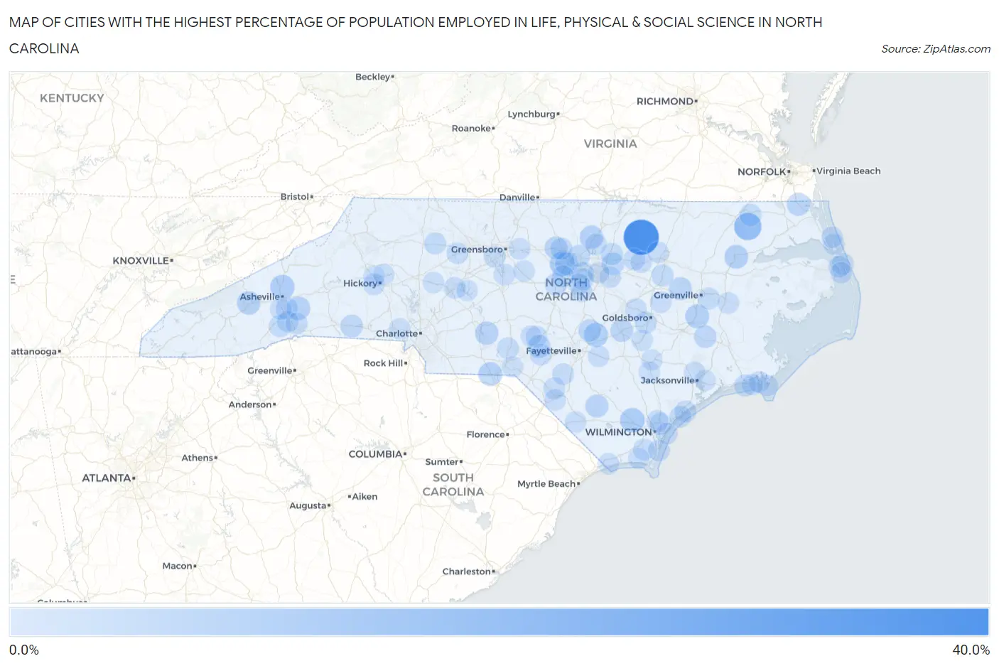 Cities with the Highest Percentage of Population Employed in Life, Physical & Social Science in North Carolina Map
