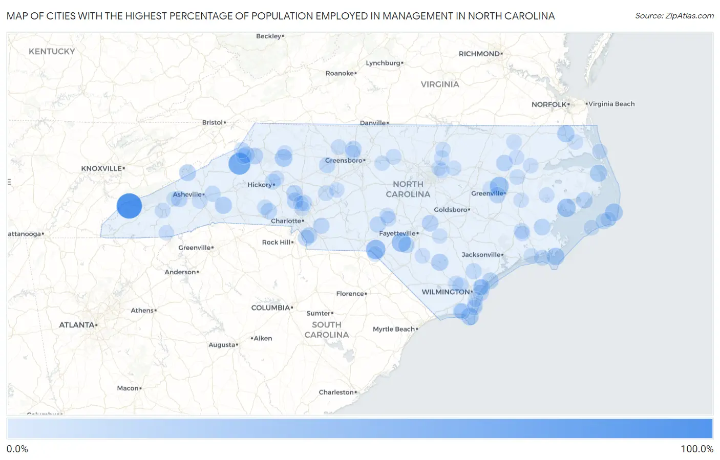Cities with the Highest Percentage of Population Employed in Management in North Carolina Map