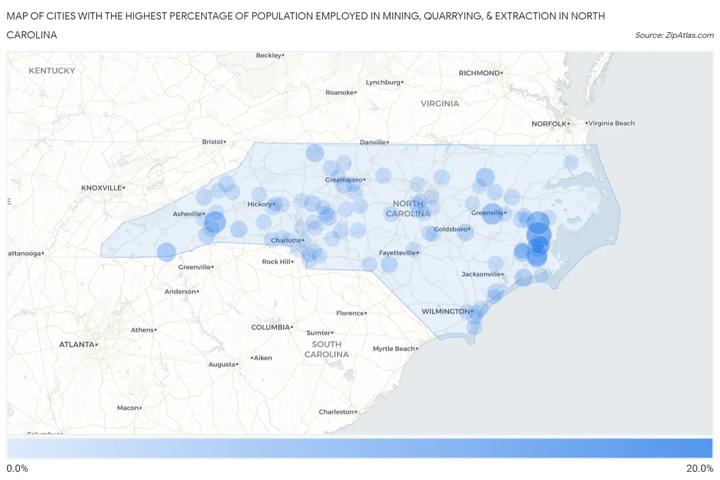 Cities with the Highest Percentage of Population Employed in Mining, Quarrying, & Extraction in North Carolina Map