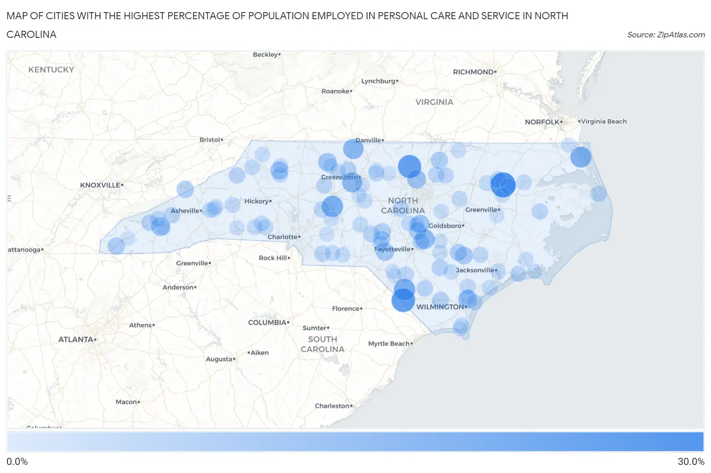 Cities with the Highest Percentage of Population Employed in Personal Care and Service in North Carolina Map