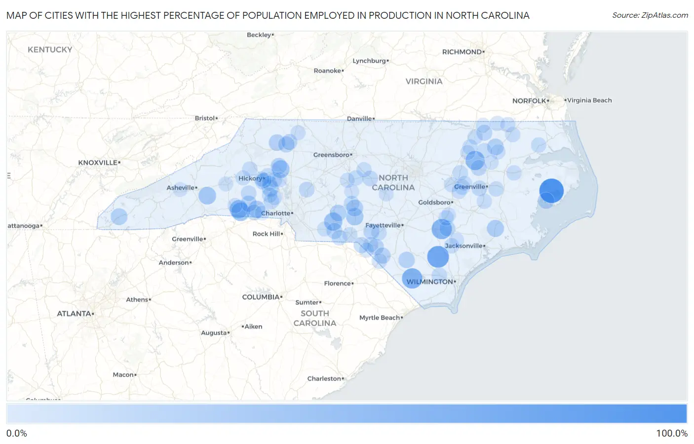 Cities with the Highest Percentage of Population Employed in Production in North Carolina Map