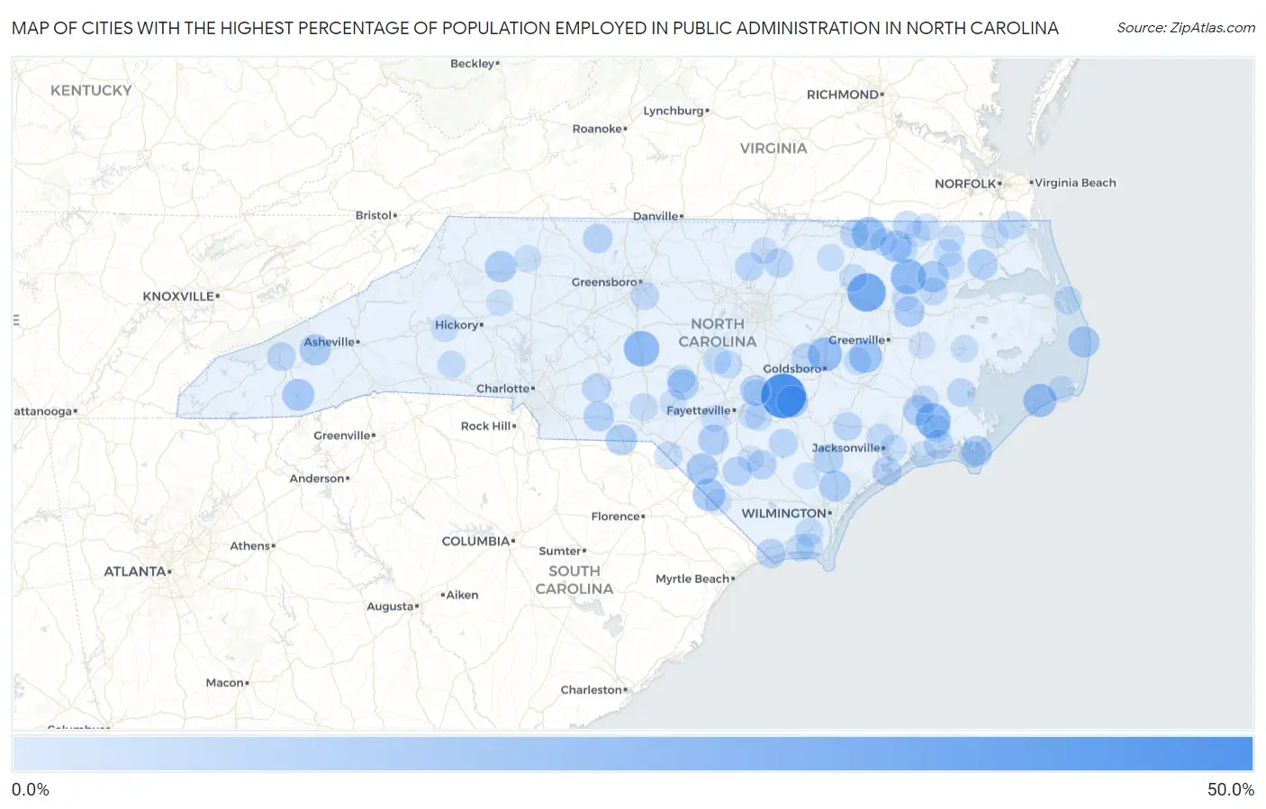 Cities with the Highest Percentage of Population Employed in Public Administration in North Carolina Map