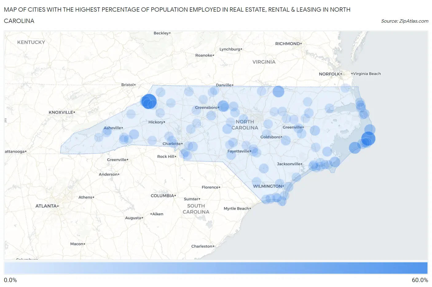 Cities with the Highest Percentage of Population Employed in Real Estate, Rental & Leasing in North Carolina Map