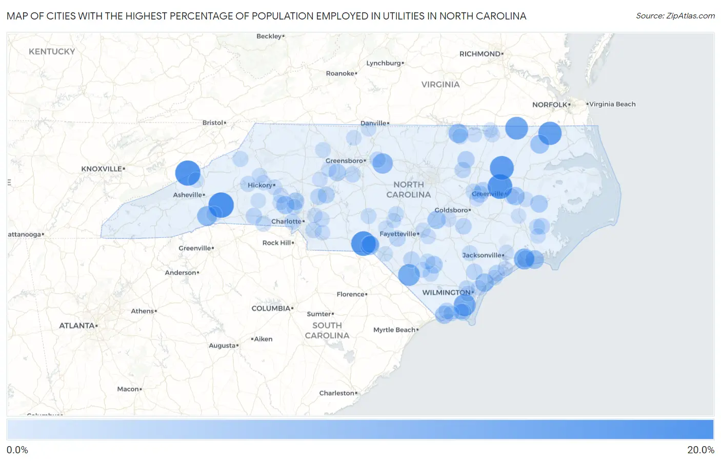 Cities with the Highest Percentage of Population Employed in Utilities in North Carolina Map