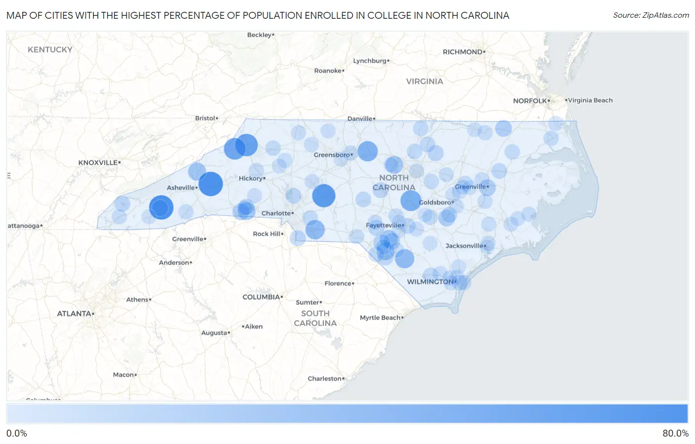 Cities with the Highest Percentage of Population Enrolled in College in North Carolina Map