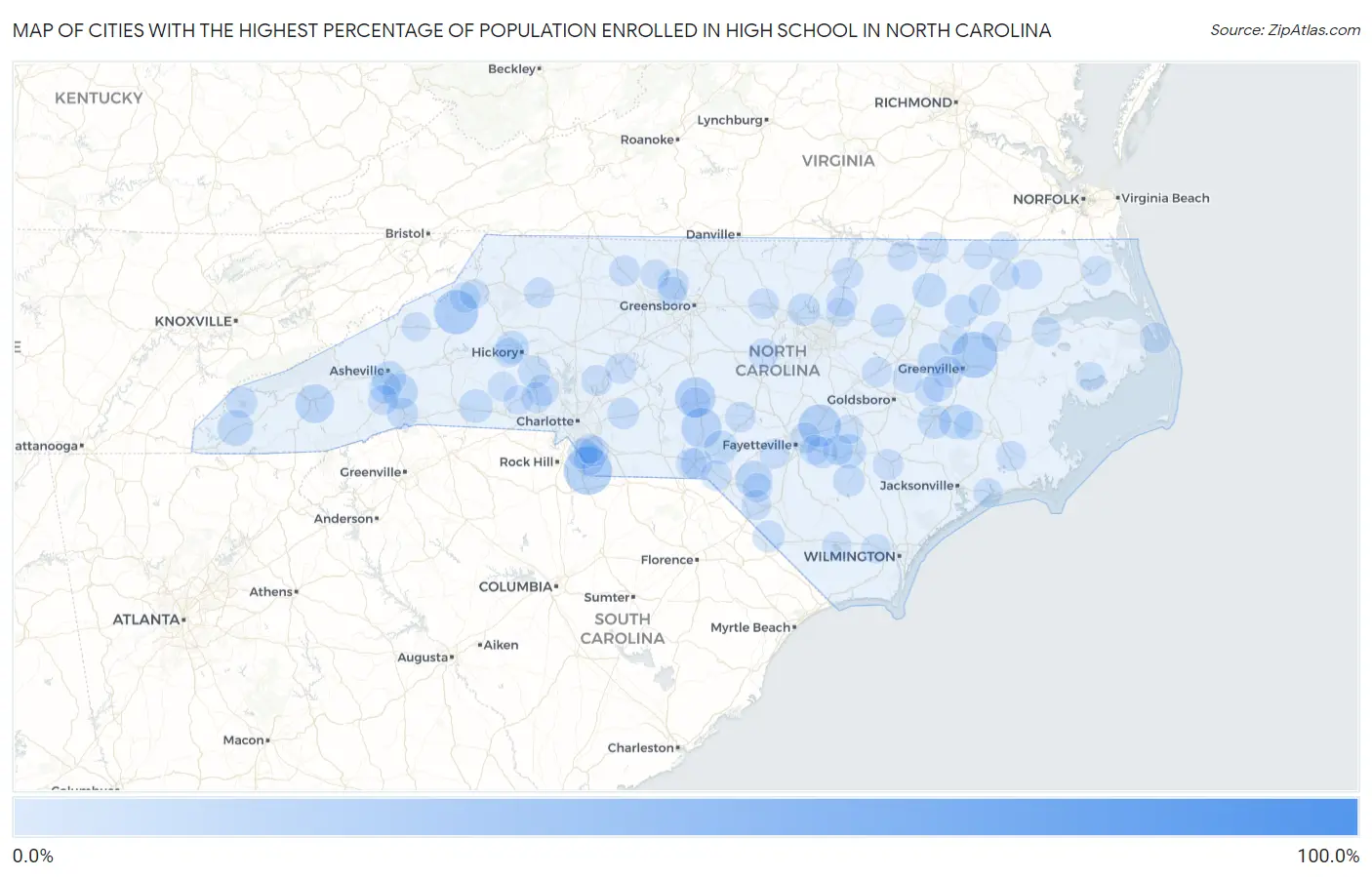 Cities with the Highest Percentage of Population Enrolled in High School in North Carolina Map