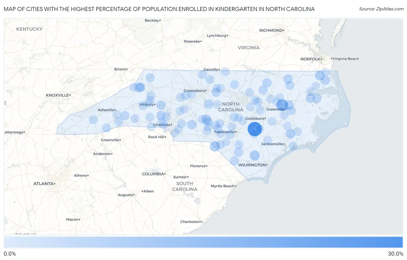 Cities with the Highest Percentage of Population Enrolled in Kindergarten in North Carolina Map