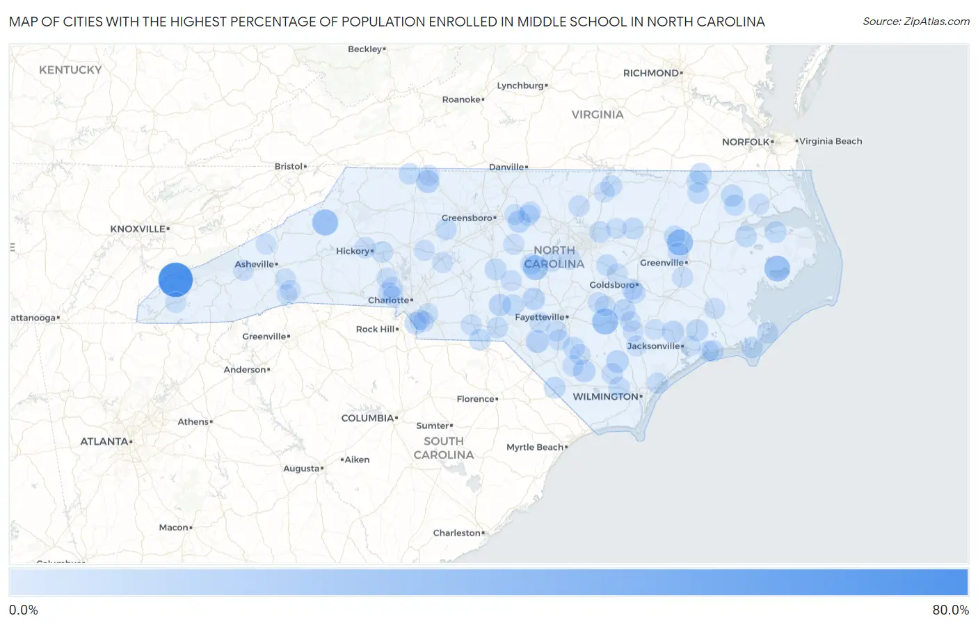 Cities with the Highest Percentage of Population Enrolled in Middle School in North Carolina Map