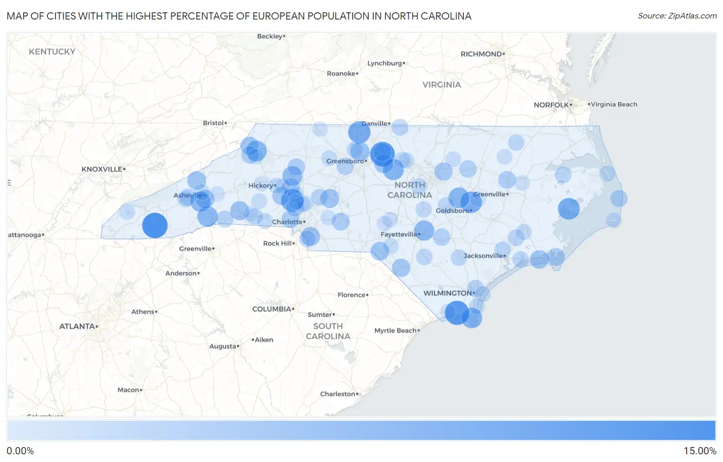 Cities with the Highest Percentage of European Population in North Carolina Map