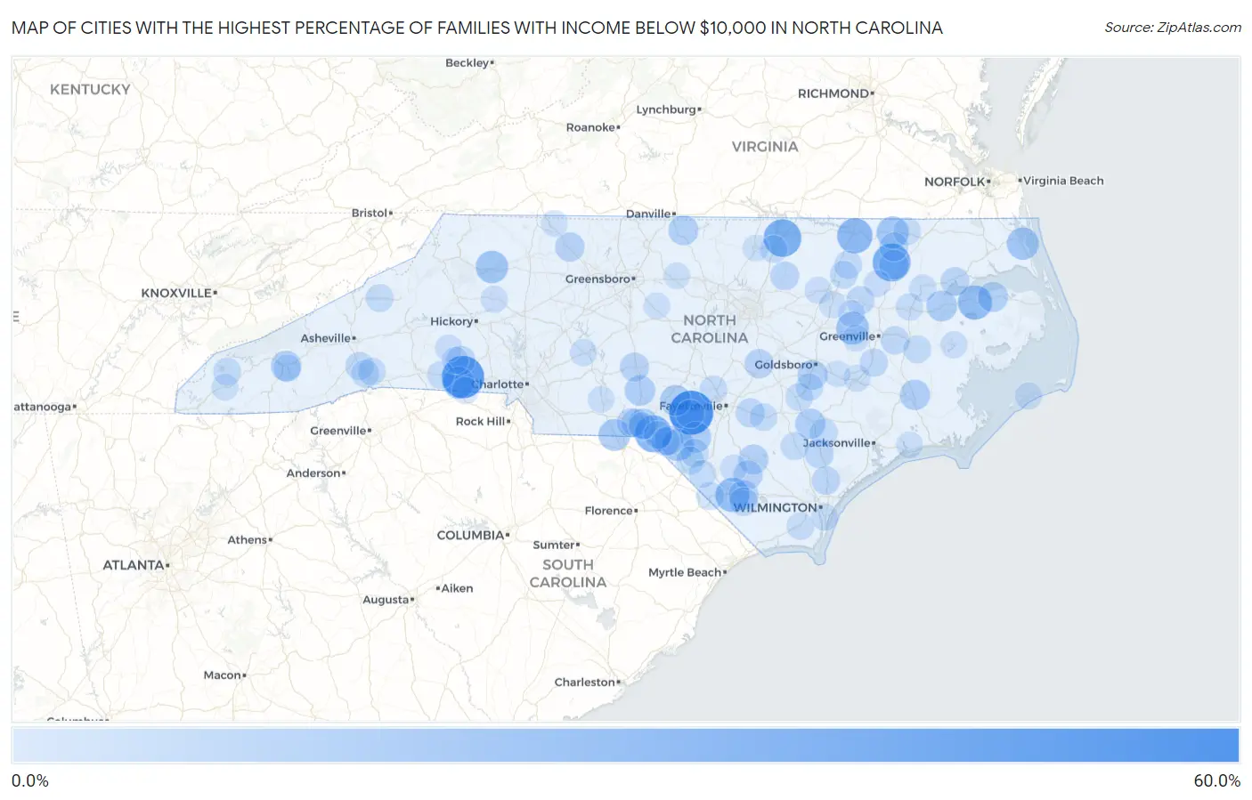 Cities with the Highest Percentage of Families with Income Below $10,000 in North Carolina Map