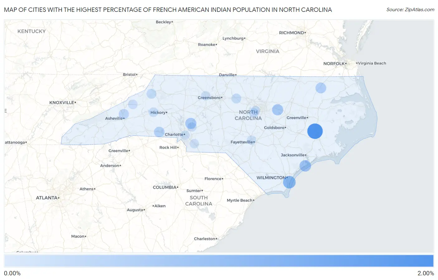 Cities with the Highest Percentage of French American Indian Population in North Carolina Map