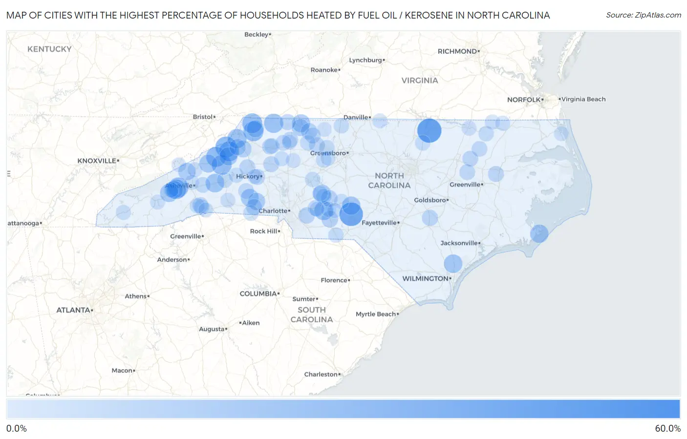 Cities with the Highest Percentage of Households Heated by Fuel Oil / Kerosene in North Carolina Map