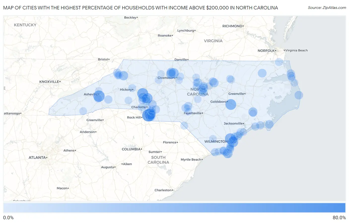 Cities with the Highest Percentage of Households with Income Above $200,000 in North Carolina Map