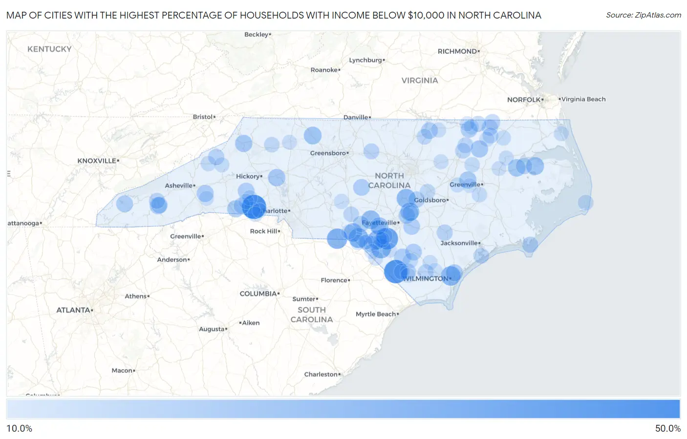 Cities with the Highest Percentage of Households with Income Below $10,000 in North Carolina Map