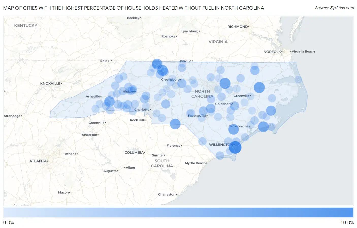 Cities with the Highest Percentage of Households Heated without Fuel in North Carolina Map