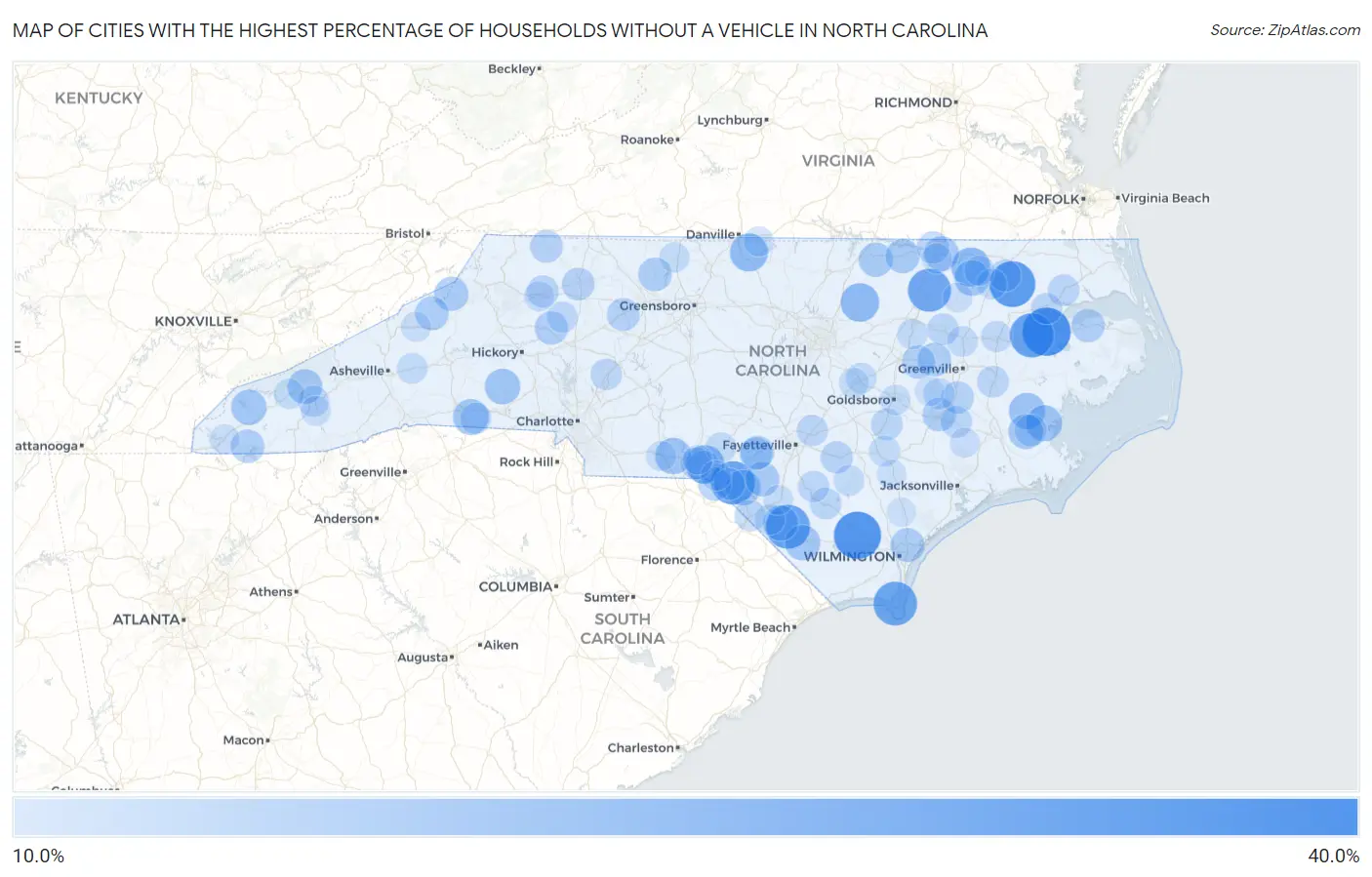 Cities with the Highest Percentage of Households Without a Vehicle in North Carolina Map