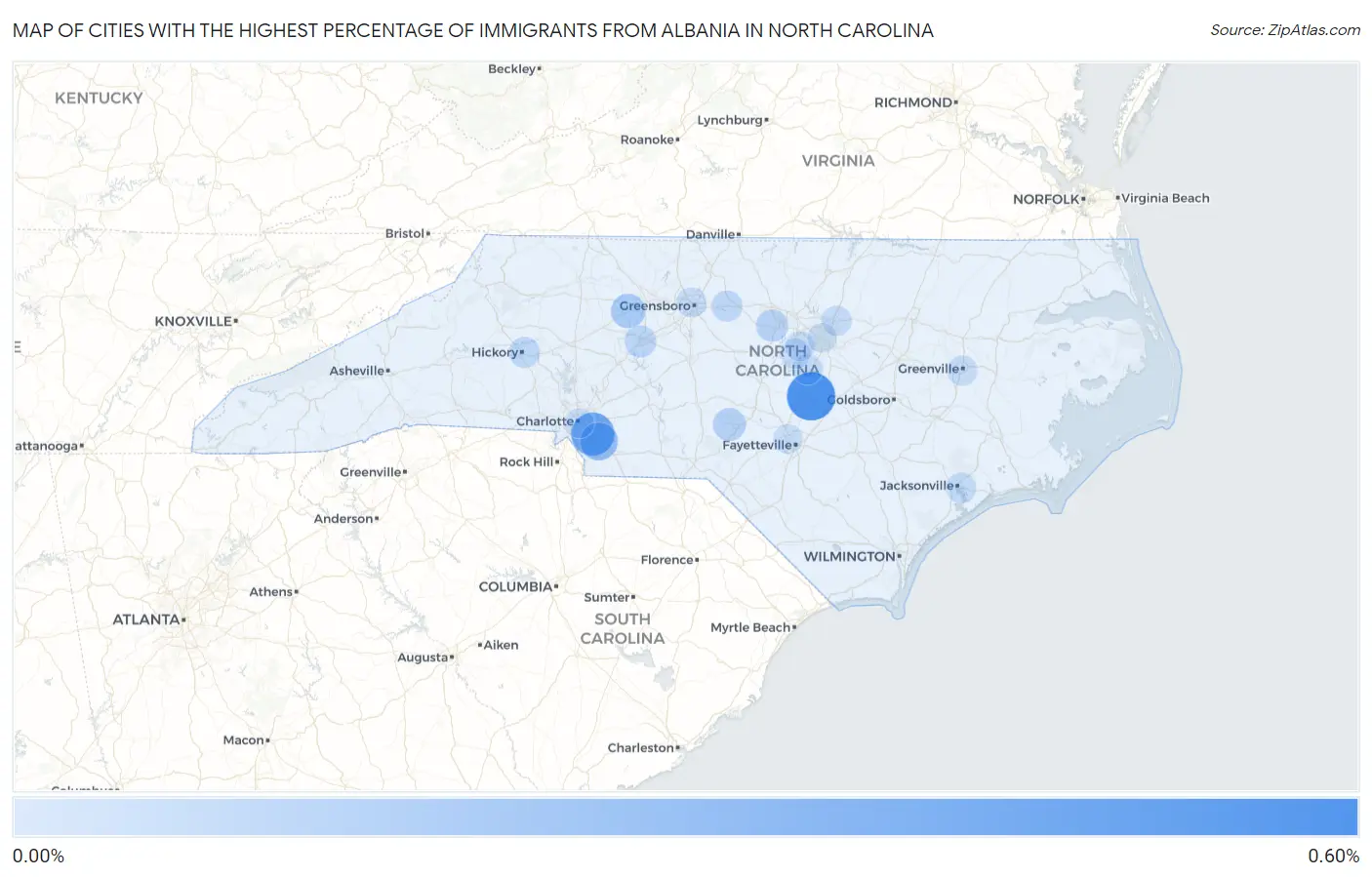 Cities with the Highest Percentage of Immigrants from Albania in North Carolina Map
