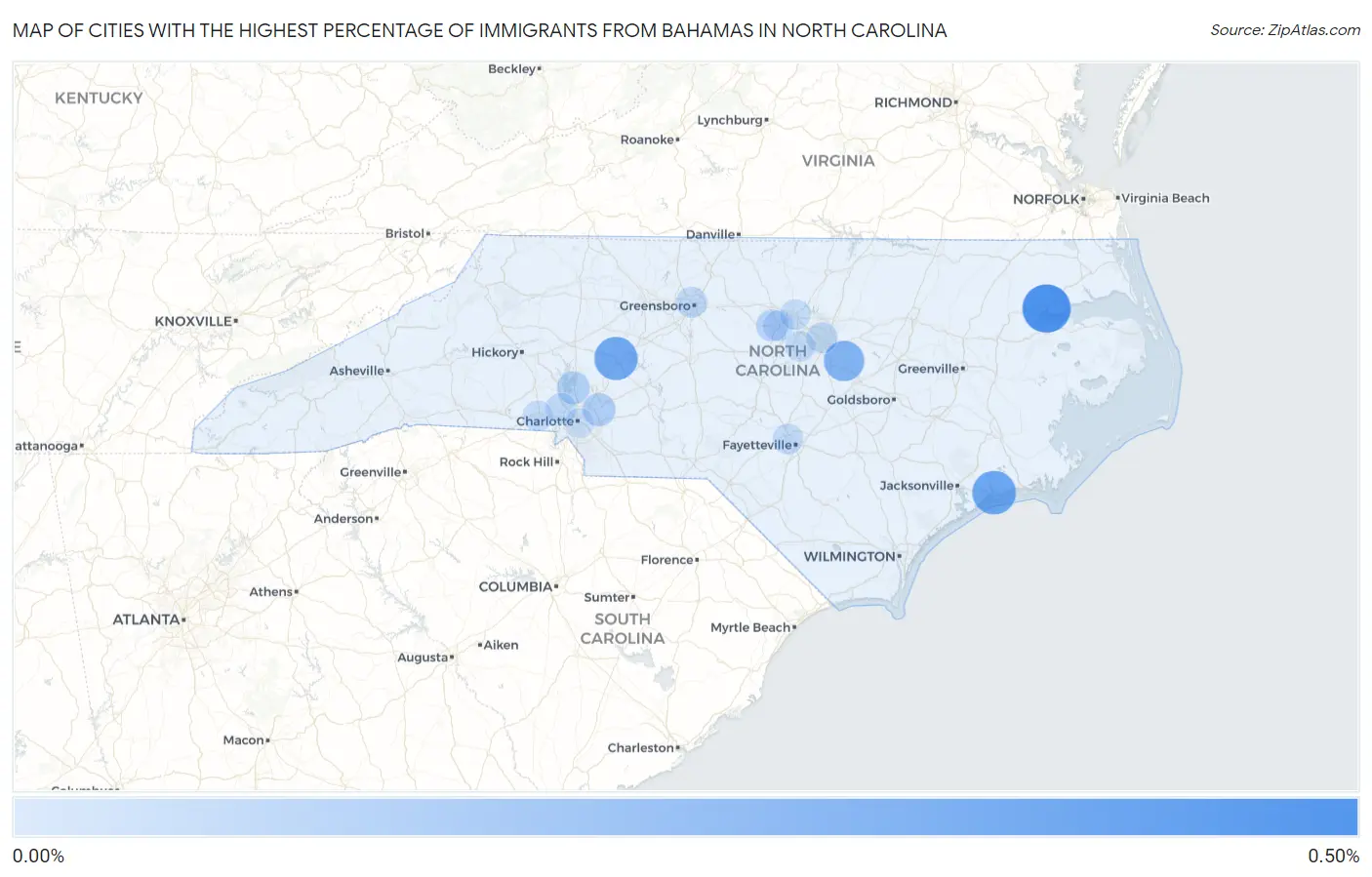 Cities with the Highest Percentage of Immigrants from Bahamas in North Carolina Map