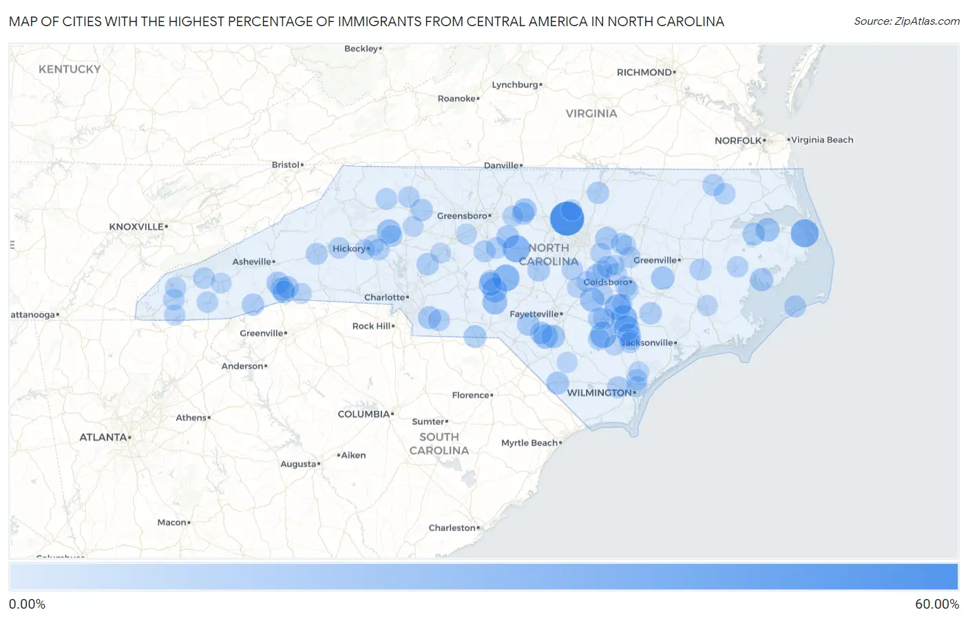 Cities with the Highest Percentage of Immigrants from Central America in North Carolina Map