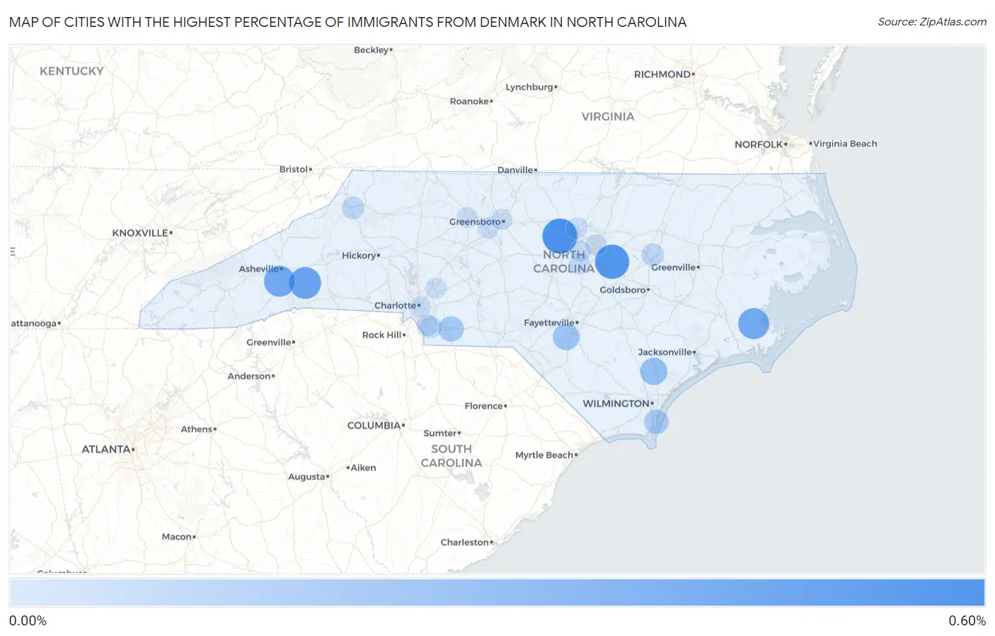 Cities with the Highest Percentage of Immigrants from Denmark in North Carolina Map