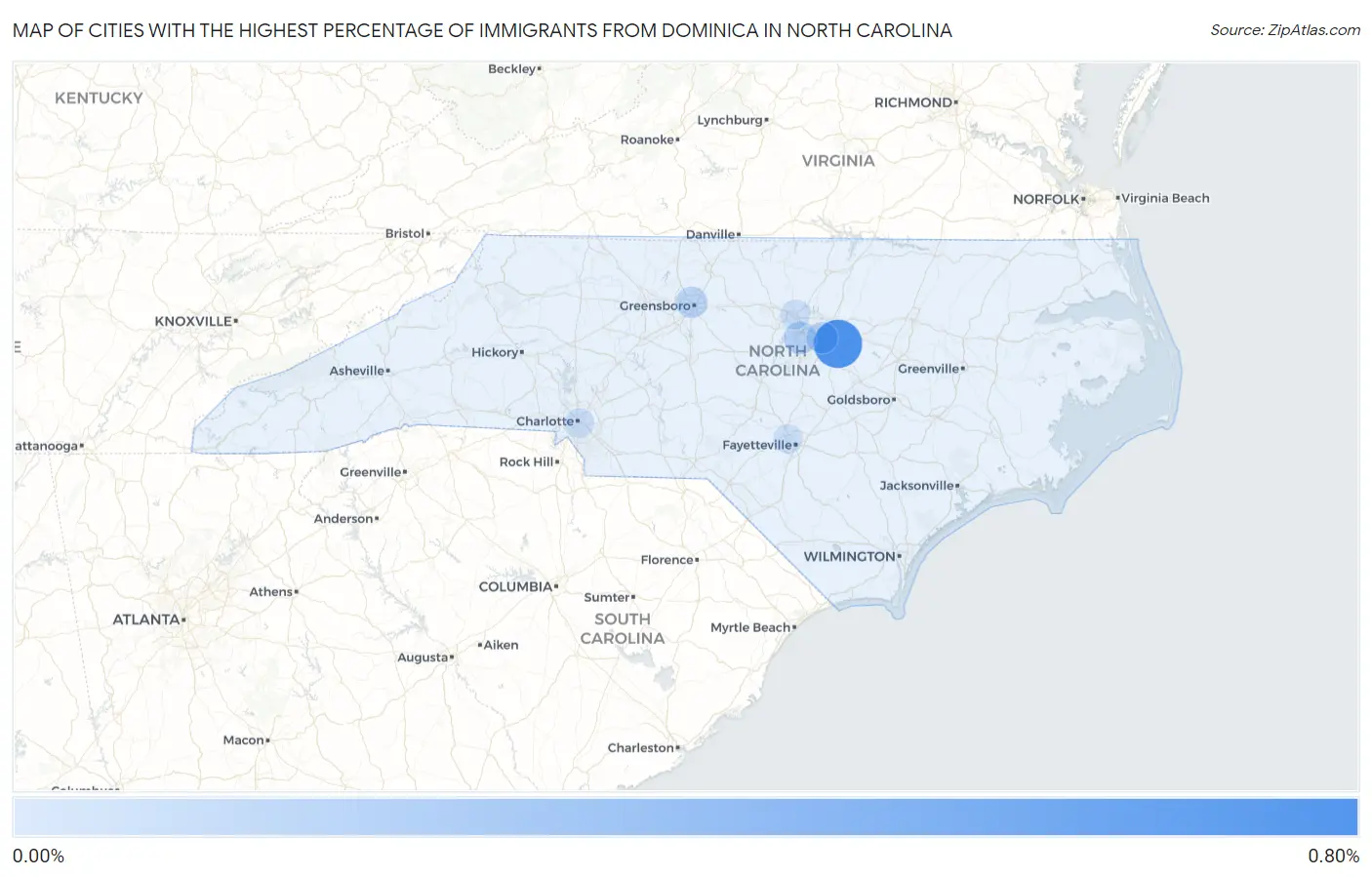 Cities with the Highest Percentage of Immigrants from Dominica in North Carolina Map