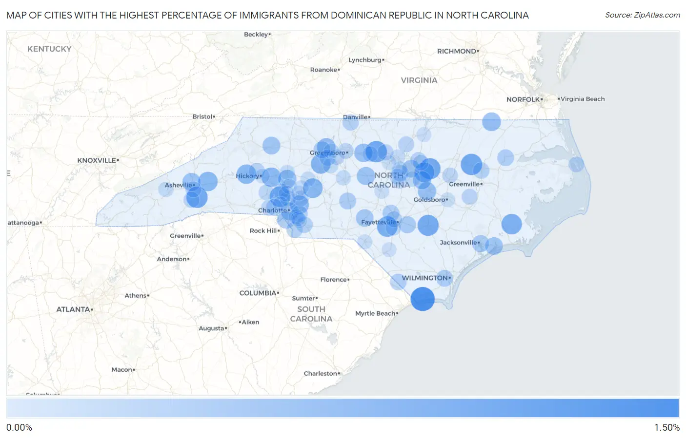 Cities with the Highest Percentage of Immigrants from Dominican Republic in North Carolina Map