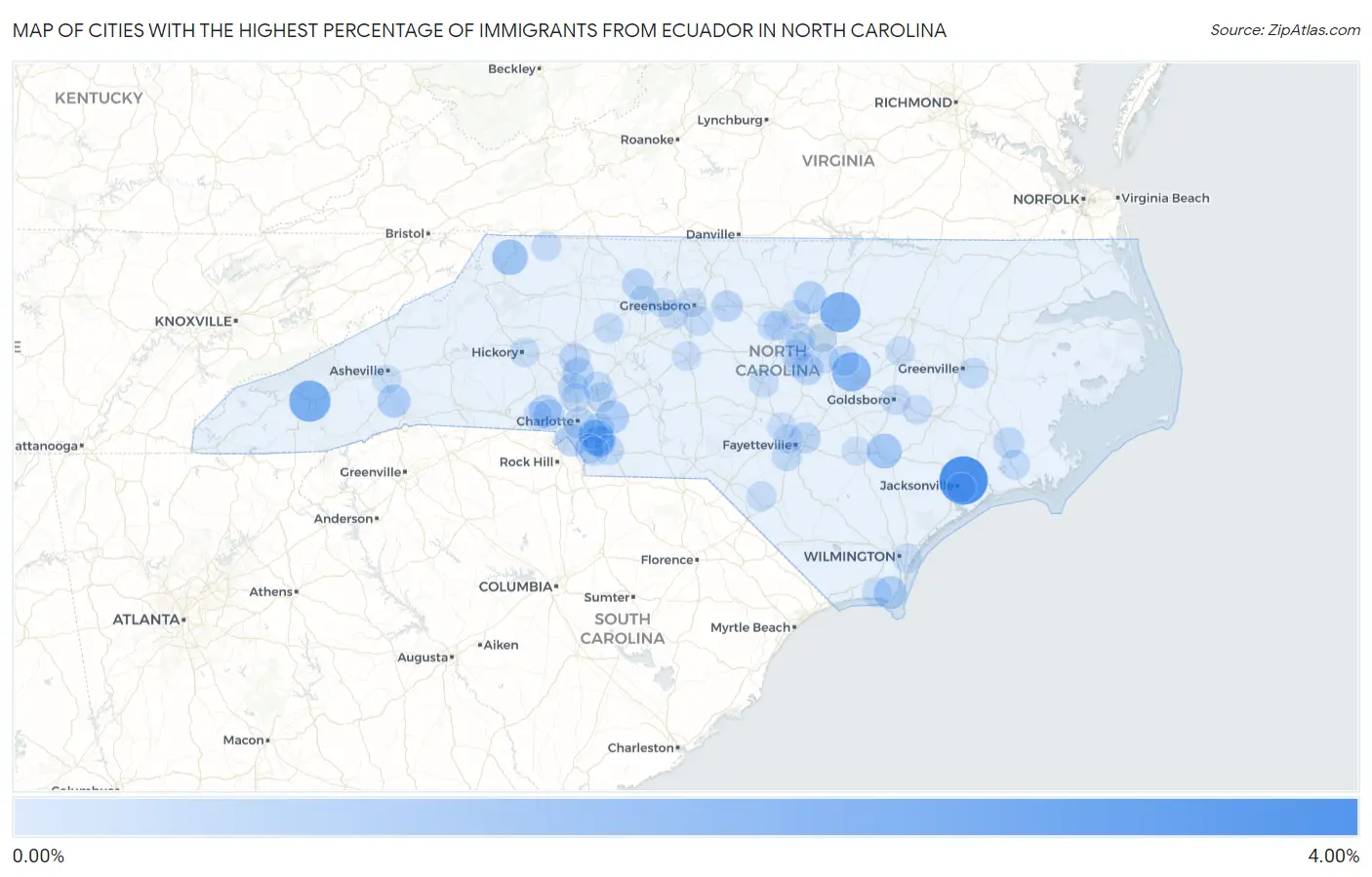Cities with the Highest Percentage of Immigrants from Ecuador in North Carolina Map