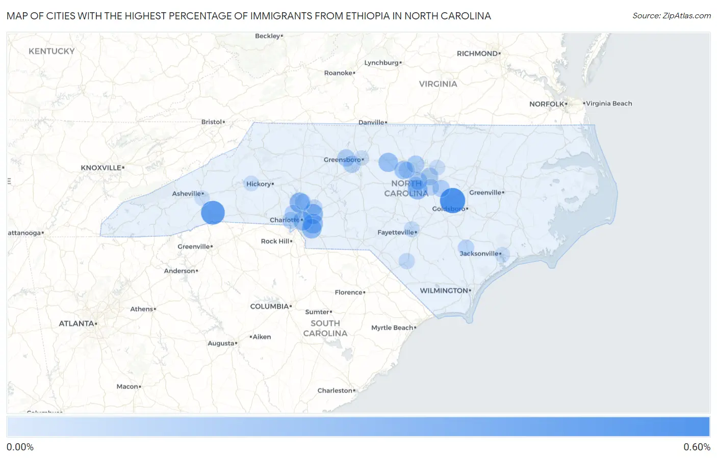 Cities with the Highest Percentage of Immigrants from Ethiopia in North Carolina Map