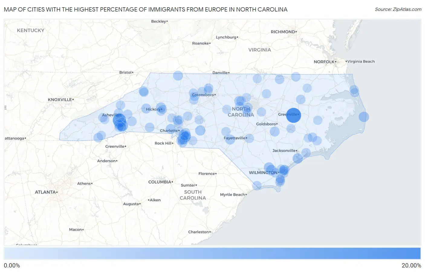 Cities with the Highest Percentage of Immigrants from Europe in North Carolina Map